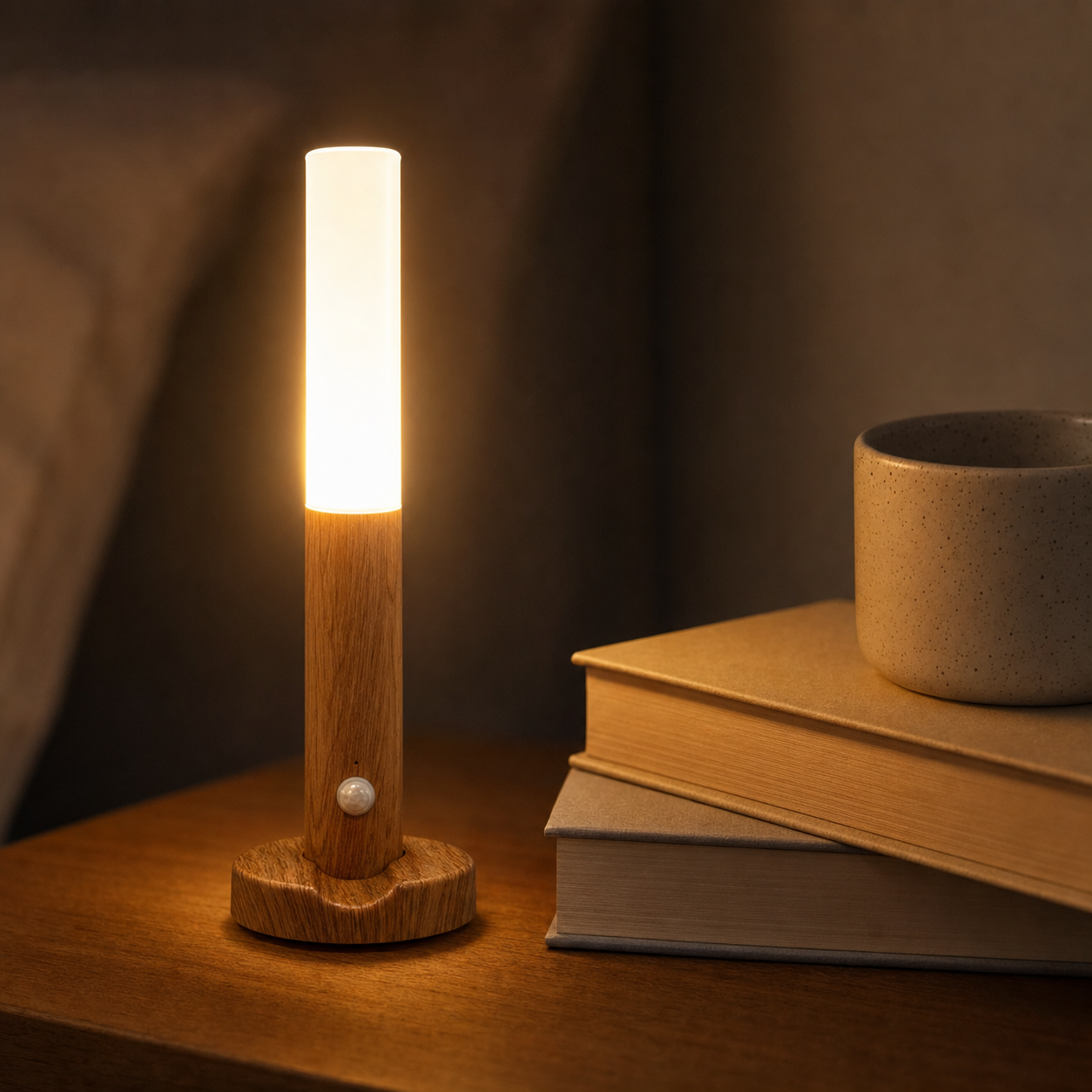 TimberGlow wooden motion night light on a bedside table with books